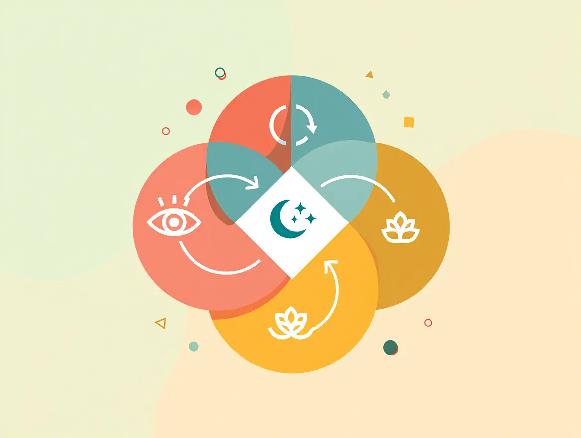 Illustration av pausstrategier med fokus och vila i en balanserad rytm med cykliskt flöde